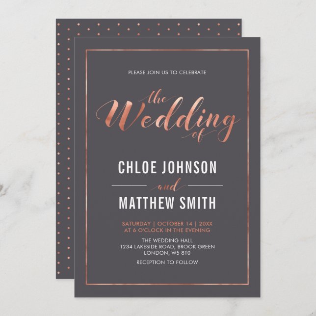 Copper & Grey | Simple Modern Typography Wedding Invitation (Front/Back)
