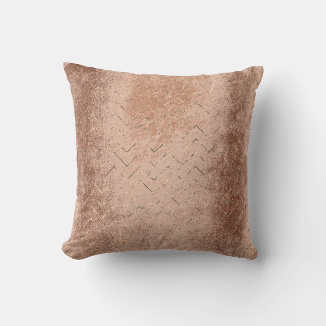 Copper Grungy Rose Gold Lines Metallic Chevron Cushion (Front)