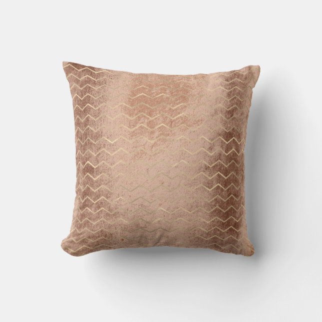 Copper Grungy Rose Lines Metallic Chevron Stripes Cushion (Front)