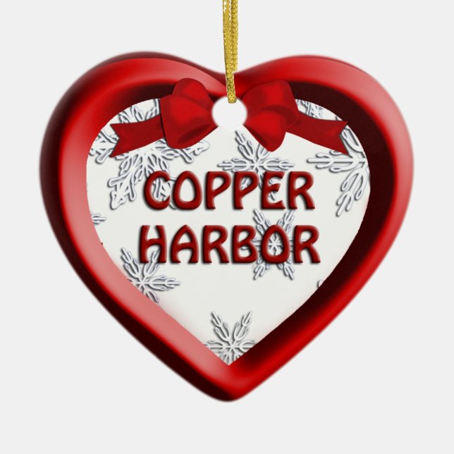 Copper Harbour Michigan Snowflake Heart Ornament (Front)
