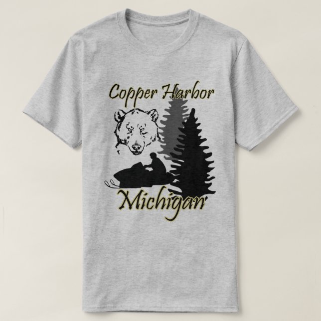 Copper Harbour Michigan Snowmobile Bear Basic Grey T-Shirt (Design Front)