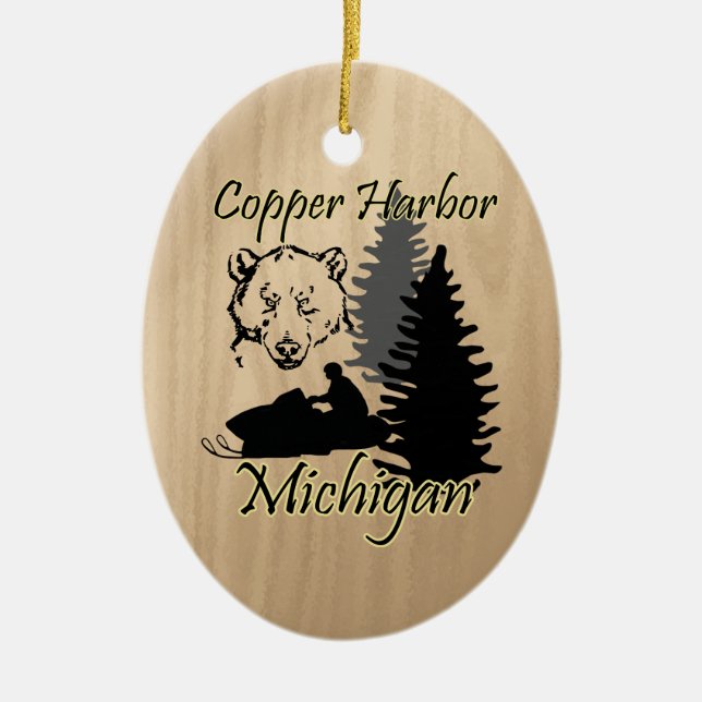 Copper Harbour Michigan Snowmobile Bear Ceramic Ceramic Ornament (Front)