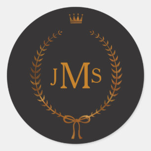 Copper Laurel Wreath with Crown Elegant Monogram Classic Round Sticker
