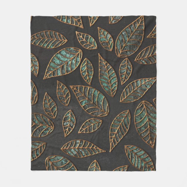Copper leaves: black grunge texture. fleece blanket (Front)