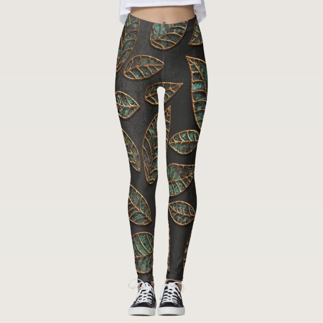 Copper leaves: black grunge texture. leggings (Front)