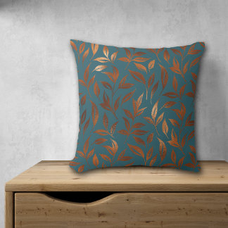 Copper Leaves Vine on Dusty Blue Cushion