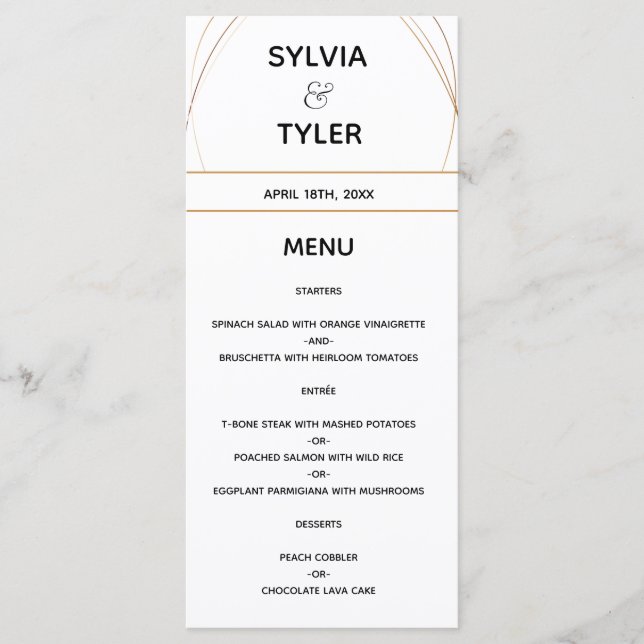 Copper Lines White Abstract Wedding Menu (Front)
