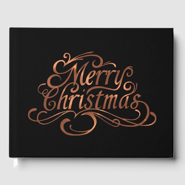 Copper-look Merry Christmas script design Guest Book (Front)