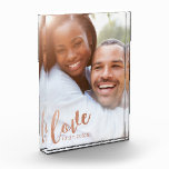 Copper Love Calligraphy Script Overlay Photo Block<br><div class="desc">A custom wedding keepsake photo with trendy faux copper foil "love" in an elegant calligraphy script and wedding date in the corner with a romantic industrial look.</div>