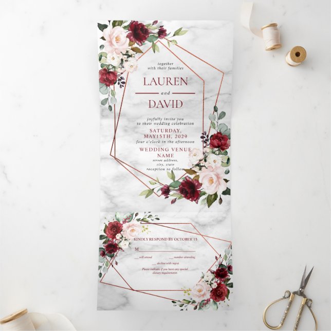 Copper Marble Geometric Burgundy Floral Tri-Fold Invitation (Inside)