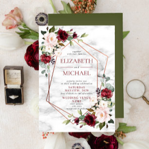 Copper Marble Geometric Burgundy Floral Wedding Invitation