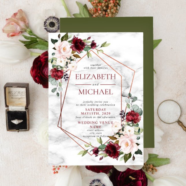 Copper Marble Geometric Burgundy Floral Wedding Invitation (Creator Uploaded)