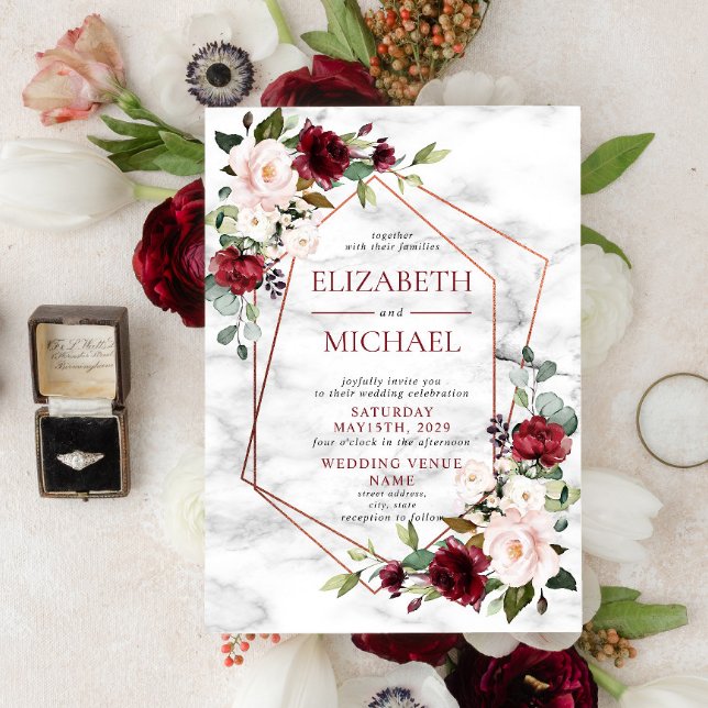 Copper Marble Geometric Burgundy Floral Wedding Invitation (Creator Uploaded)