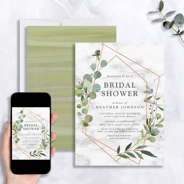 Copper Marble Geometric Eucalyptus Bridal Shower Invitation (Creator Uploaded)