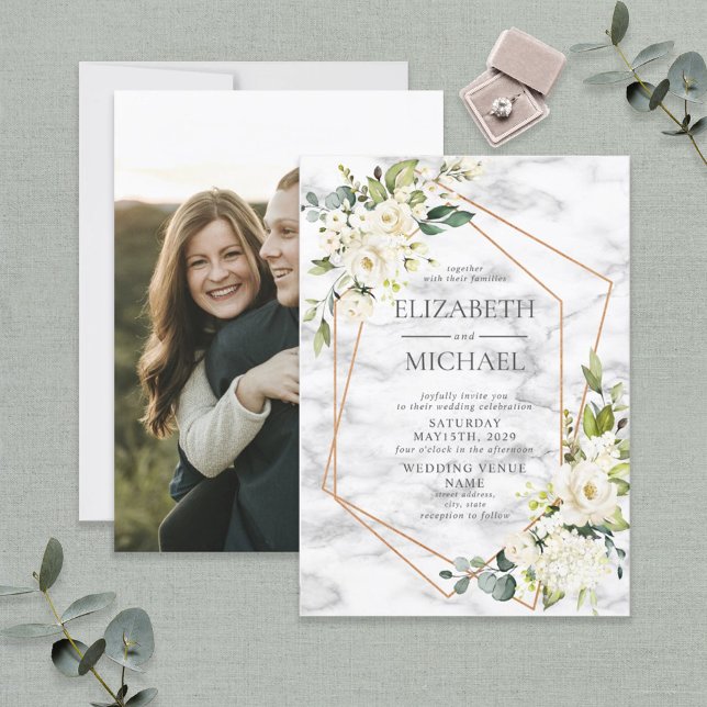 Copper Marble Geometric White Floral Photo Wedding Invitation (Creator Uploaded)