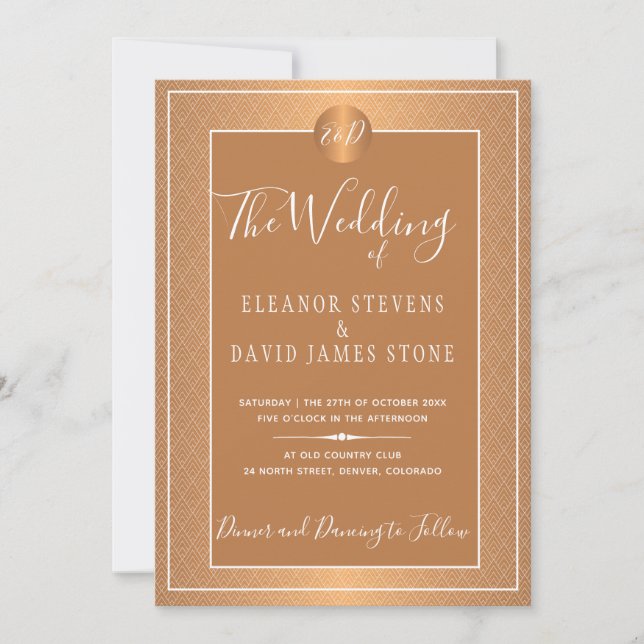 Copper Metallic Beige White Elegant Monogrammed Invitation (Front)