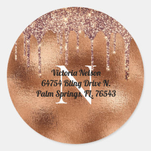 Copper Metallic Glitter Drip Elegant Monogram  Classic Round Sticker