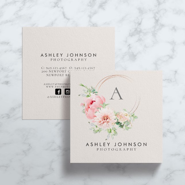 Copper Monogram Watercolor Pink Floral Square Business Card (Creator Uploaded)