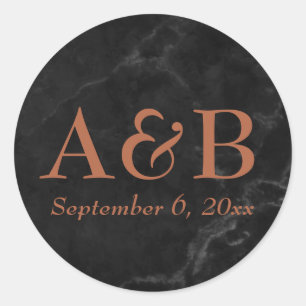Copper Monograms & Date Over Black Marble Classic Round Sticker