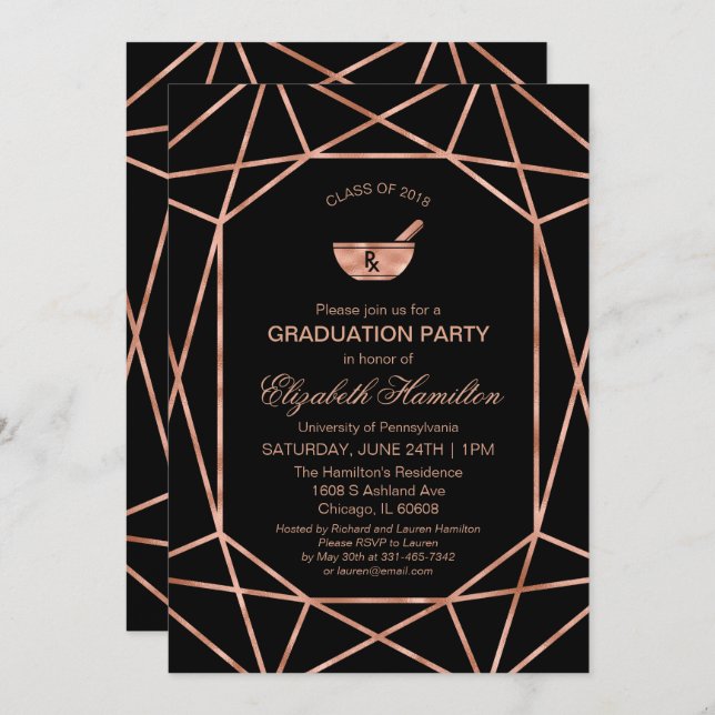 Copper Mortar & Pestle Rx Pharmacy School Grad Invitation (Front/Back)
