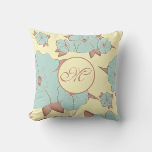 Copper Pale Teal Floral on Pastel yellow Cushion