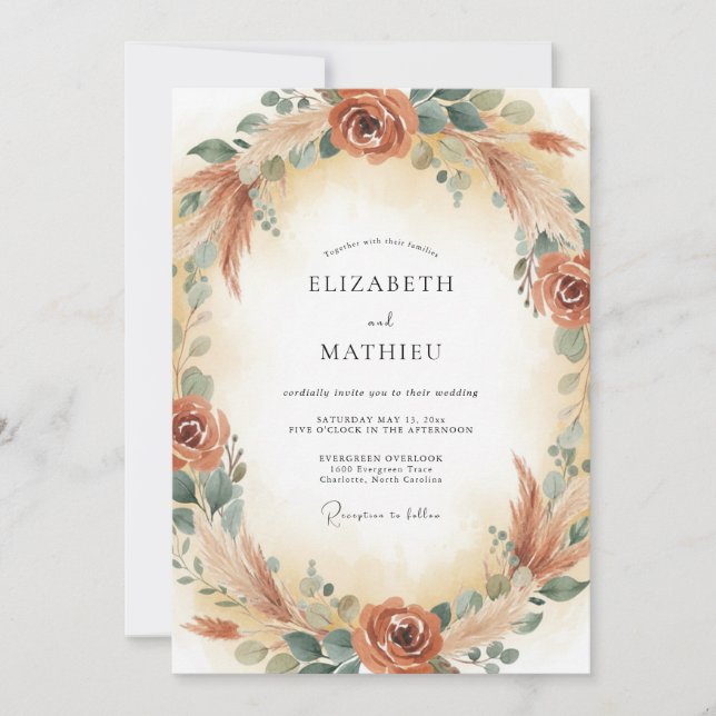 Copper Pampas Wreath Wedding Invitation (Front)
