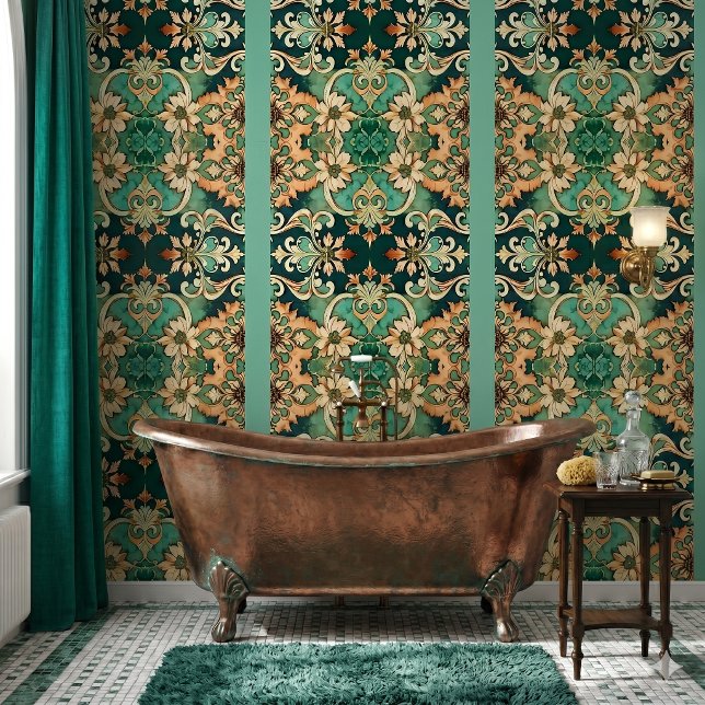 Copper Patina Acanthus Scroll Damask Striped  Wallpaper (vintage style copper patina scrollwork damask stripe wallpaper in Victorian inspired bathroom)