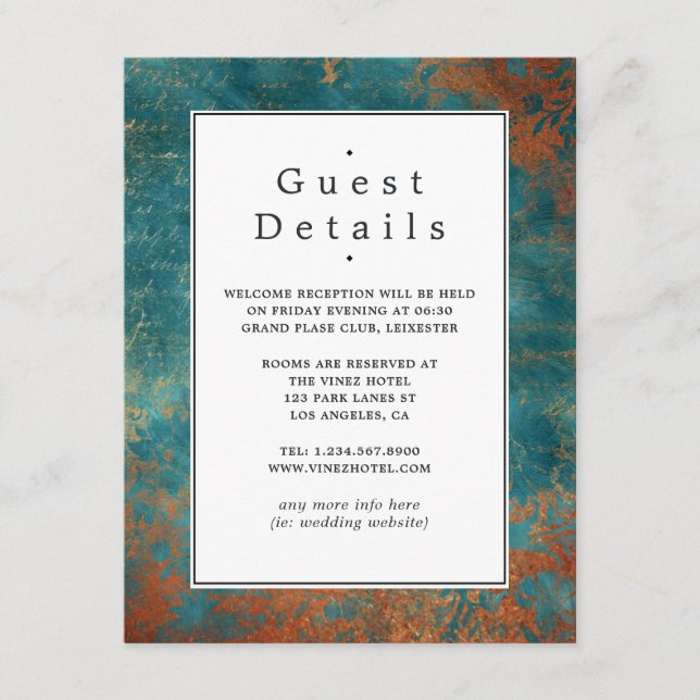 Copper Patina and Turquoise Wedding Guest Details Enclosure Card (Front)