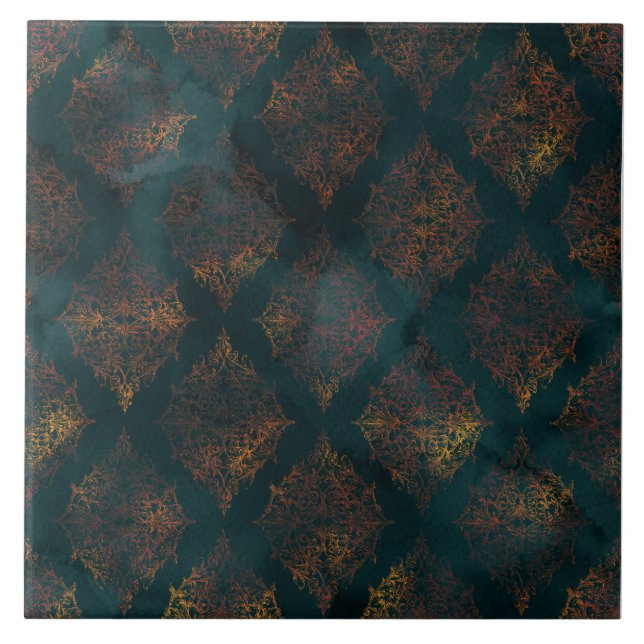 Copper Patina Damask Watercolor Pattern  Ceramic Tile (Front)