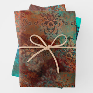 Copper Patina Rusted Damask Wrapping Paper Sheet
