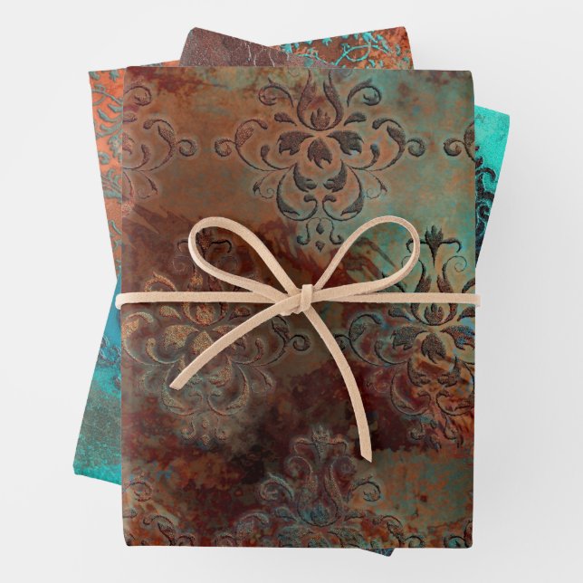 Copper Patina Rusted Damask  Wrapping Paper Sheet (In situ)