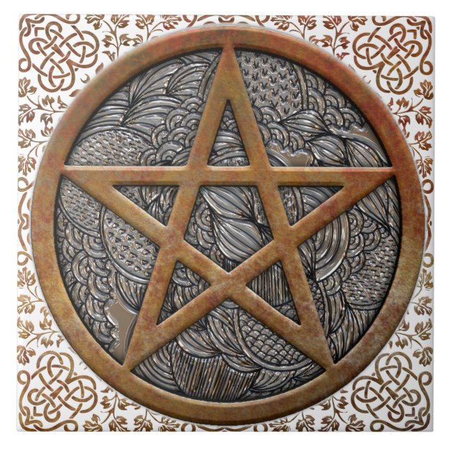 Copper Pentacle Coin & Celtic Knot Border Square Ceramic Tile (Front)