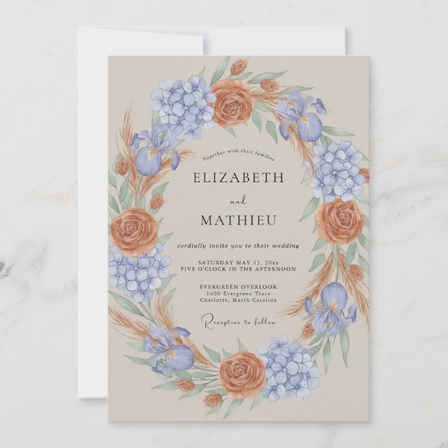 Copper Periwinkle Wreath Wedding Invitation (Front)