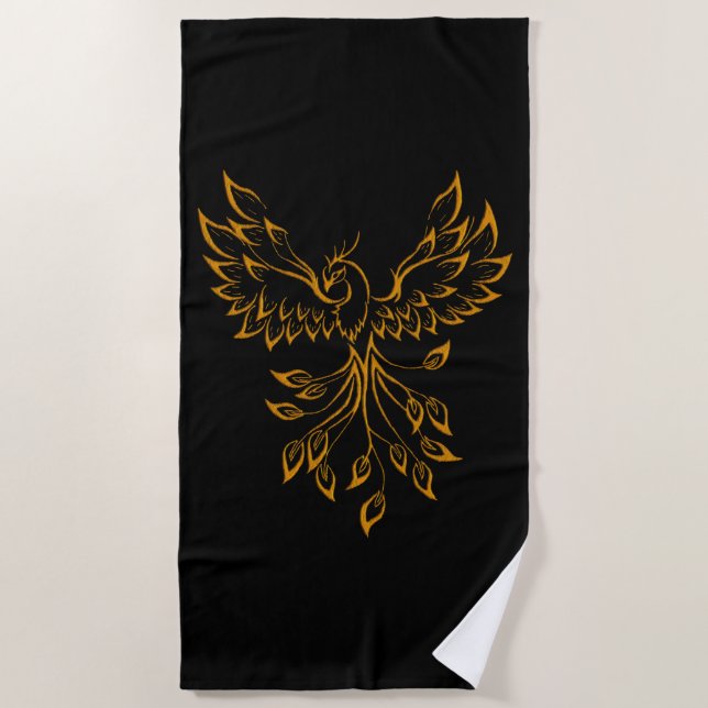 Copper Phoenix Rises on Black  Beach Towel (Front)