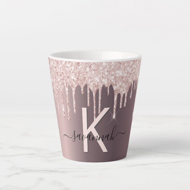 Copper pink glitter drips name latte mug (Front)