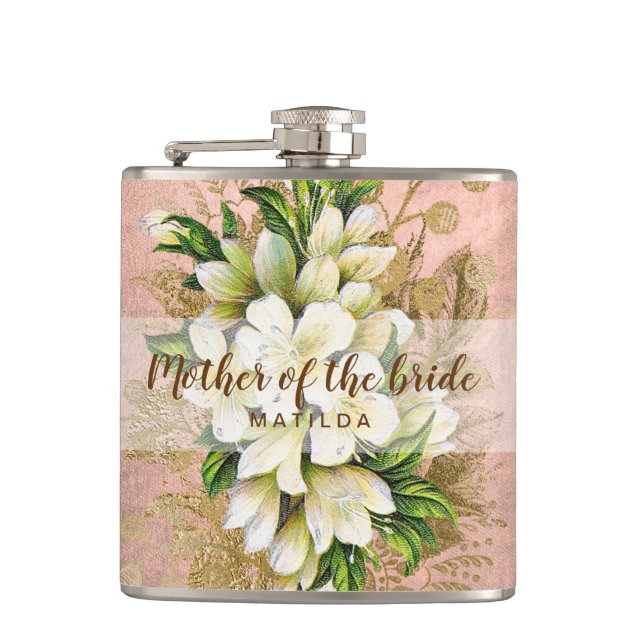 Copper rose gold floral mother of the bride hip flask (Front)