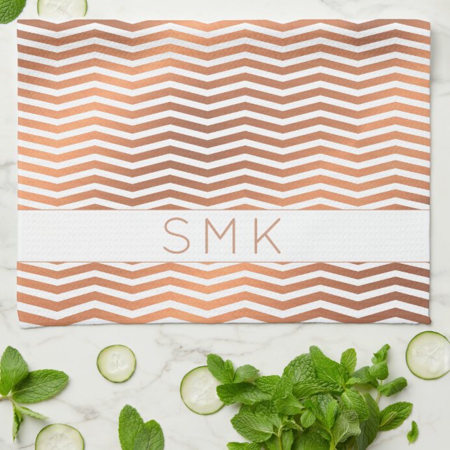 Copper Rose Gold Foil Chevron White Monogram Tea Towel (Folded)
