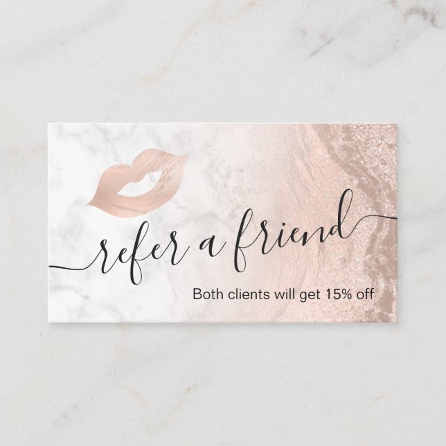 Copper rose gold glitter lips marble makeup artist referral card (Front)