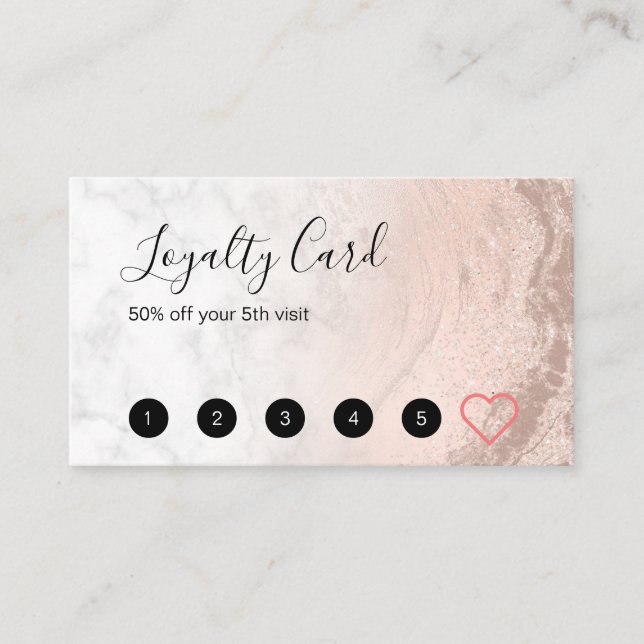 Copper rose gold glitter marble makeup artist loyalty card (Front)