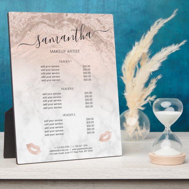 Copper rose gold glitter marble makeup services plaque (Side)