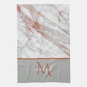 Copper Rose Gold & Grey Marble with Monogram   Tea Towel