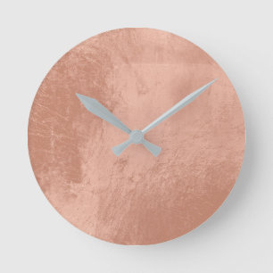 Copper Rose Gold Metallic Glass Grey Minimal Round Clock