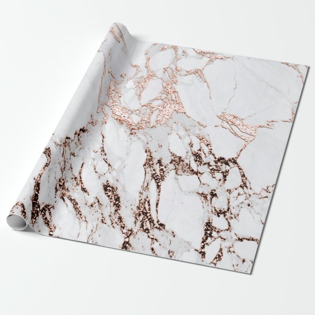 Copper Rose White Metal Grey Carrara Marble Stone Wrapping Paper (Unrolled)