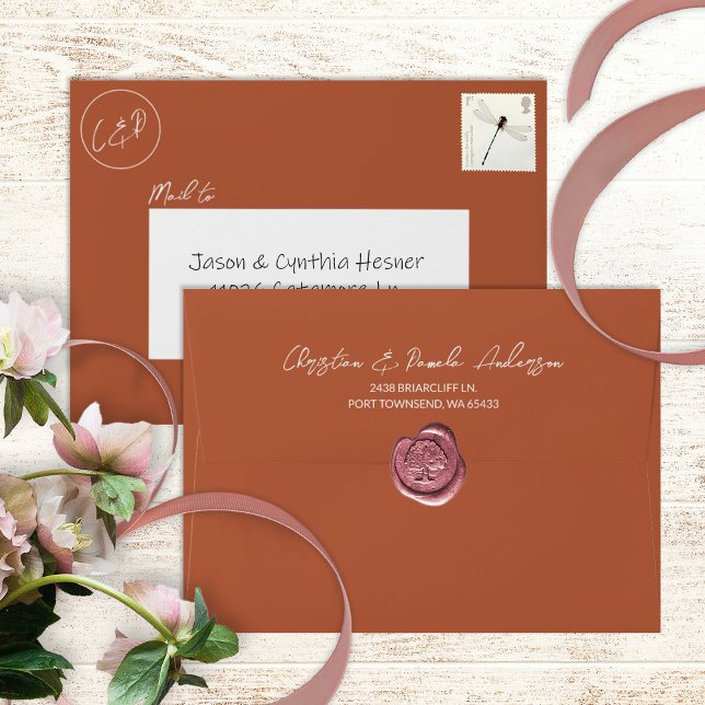 Copper, Rust Pre-Addressed 5x7 Monogram Wedding Envelope (copper, rust, terracotta 5x7 wedding invitation envelope with return address printed on back flap)