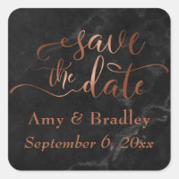Copper Save the Date Script Over Black Marble