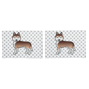 Copper Siberian Husky Cartoon Dog And Paws Pillowcase
