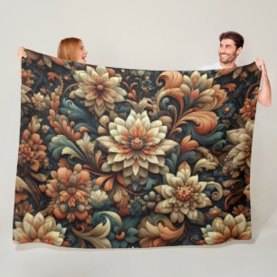 Copper Slate Blue Cream Abstract Floral Fleece Blanket