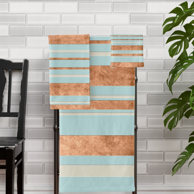 Copper Stripe Robins Egg Blue Bathroom Towel Set (A stylish copper stripe bath towel set with robin egg blue and cream accents)