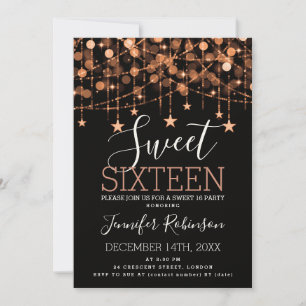 Copper Sweet 16 Birthday Sparkly String Lights Inv Invitation