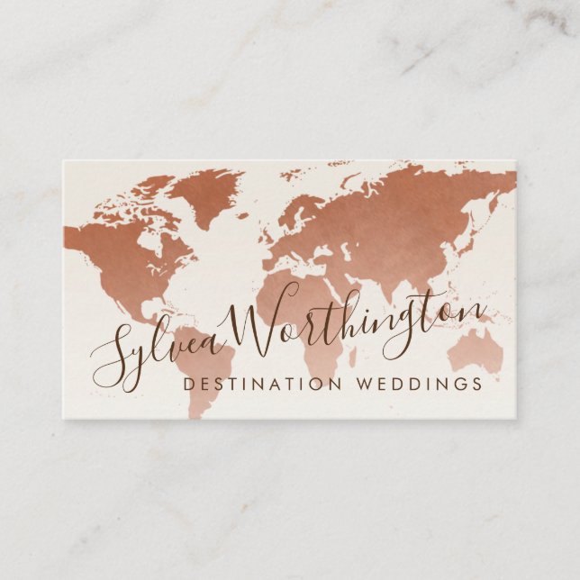 Copper Tan Brown Travel World Map Business Card (Front)